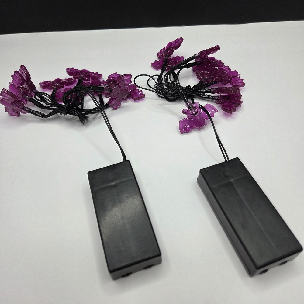 Halloween Bat String Lights Purple LED Battery Operated 2 Pack Set Spooky Decor